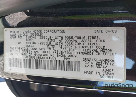 2003 Toyota 4Runner Sr5 V6 из США, поврежденный, VIN JTEBU14R530014939